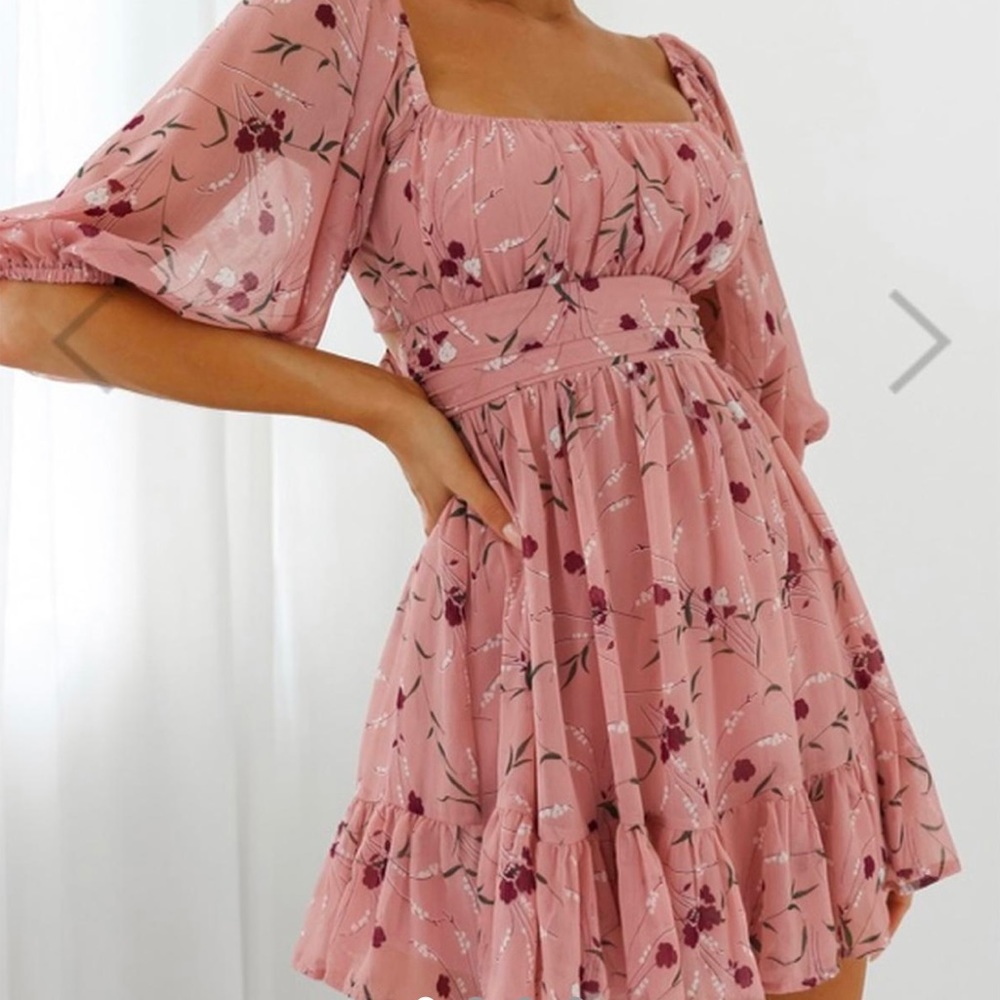 •“Abby Off-Shoulder Tie-Up Back Dress Floral Print Rose” from Selfie Leslie